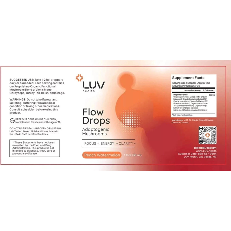 LUV Health Flow Drops - Adaptogen Mushroom Blend - Peach Watermelon Flavor - 1oz gallery