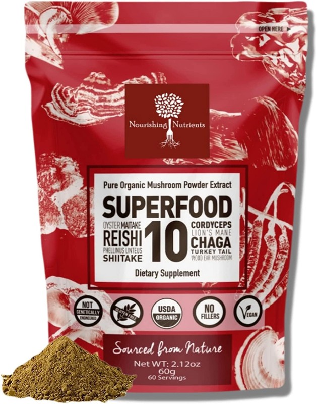 Organic Mushroom Powder Extract -Superfood 10 Supplement 14x Stronger 100% Pu…