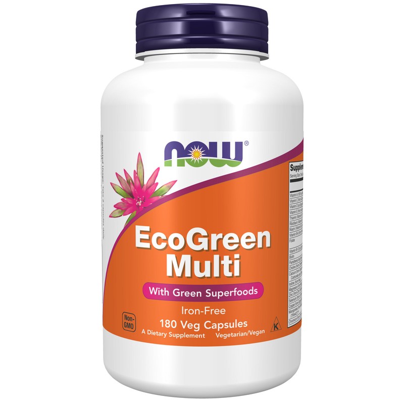 NOW EcoGreen Multi Vitamin - 180 Veg Capsules with Green Superfoods, Iron-Free
