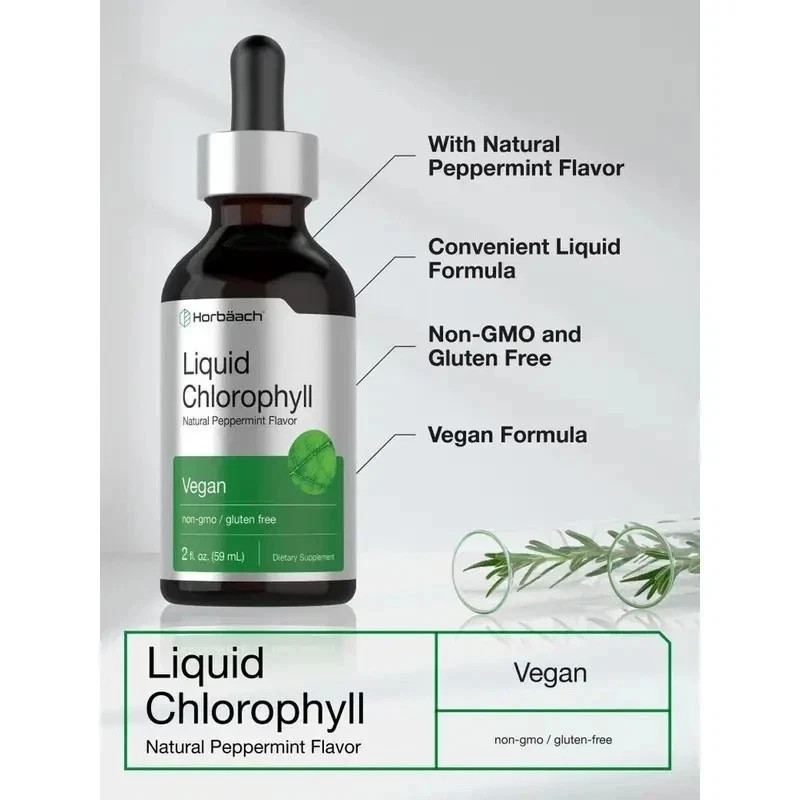 Horbäach Liquid Chlorophyll Drops | 2 oz | Natural Peppermint Flavor | Vegan gallery