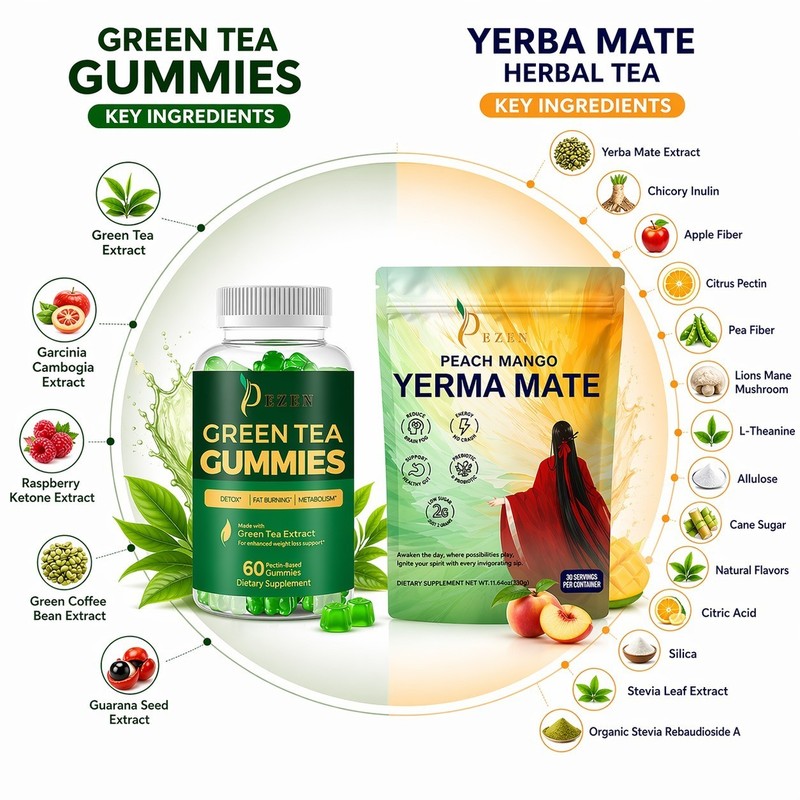 Yerba Mate Drink Mix Tea + Green Tea Gummies Combo for Weight Loss & Fat Burning gallery