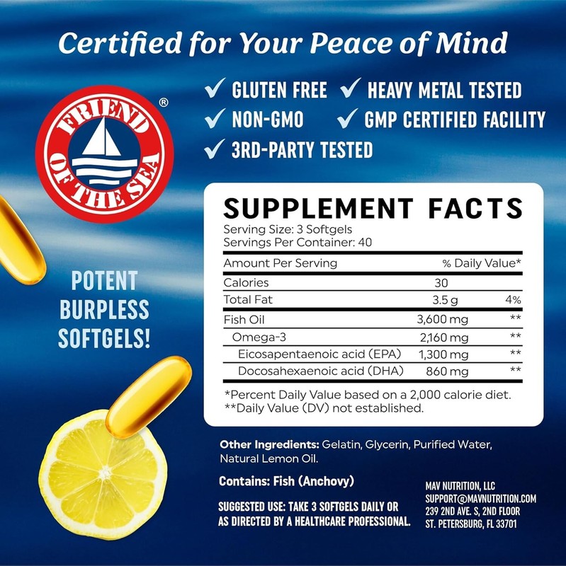 Triple Strength Omega 3 Fish Oil 3600mg - 1300mg EPA & 860mg DHA, No Aftertaste gallery