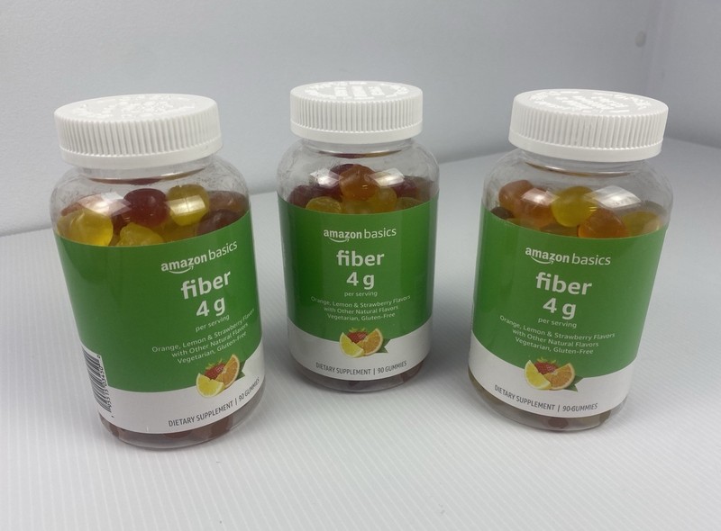 Three Bottles Amazon Basics Fiber Gummies 4g Chewable Fruit 90ct each, Exp 7/27