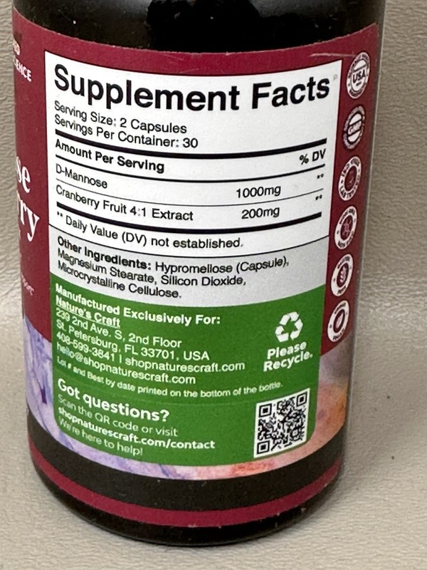 Nature's Craft D-Mannose Cranberry Herbal Complex Urinary 60 capsules 3 Btl 5/28 gallery