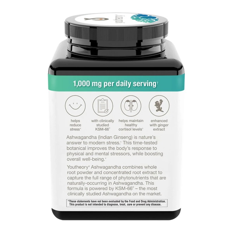 Youtheory Ashwagandha 1000 mg, 180 Vegetarian Capsules Exp: 05/27 gallery