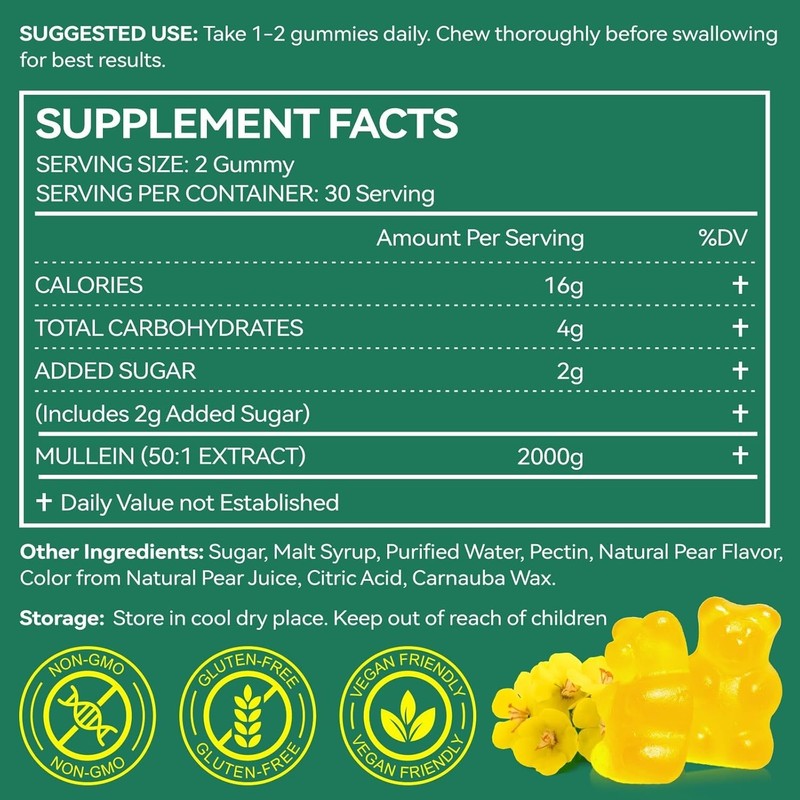 60 Count Mullein Gummies for Lung Cleanse, 2000mg Organic Mullein Leaf Extract f gallery