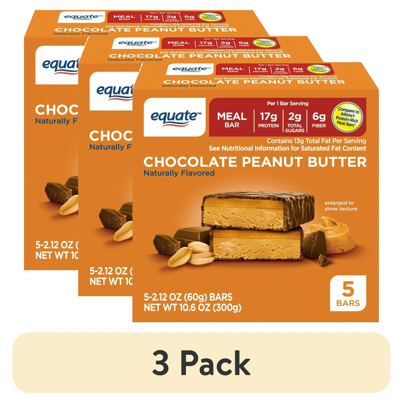 (3 pack) Equate Chocolate Peanut Butter Meal Bar, 5 Ct