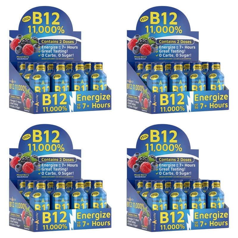 (48 Pack) Grade A Quality Energy Shots, B12 Berry, Energy Lasts Up to 7+ Hours