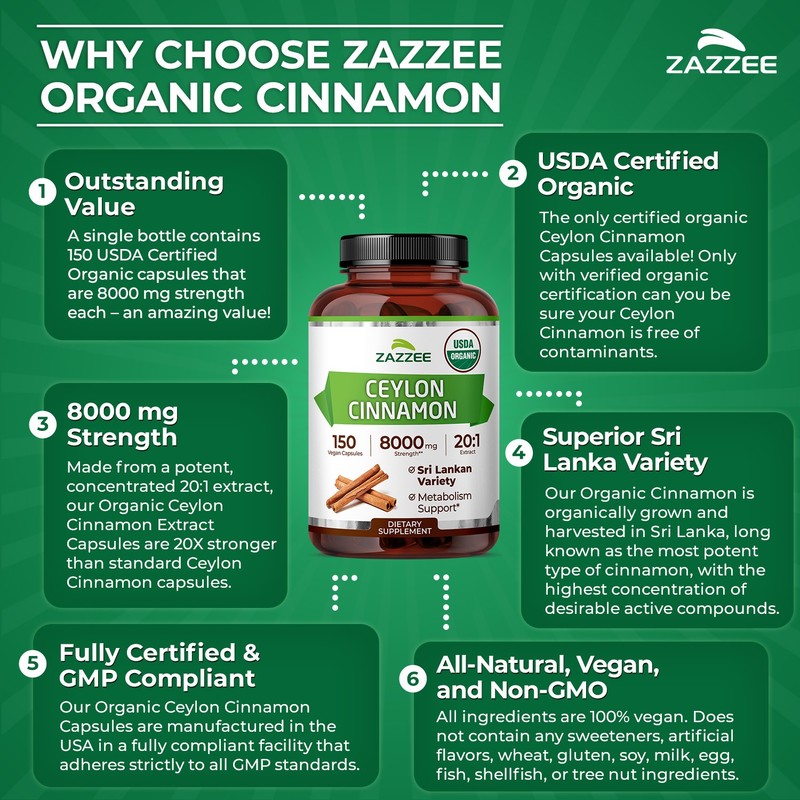 USDA Organic Ceylon Cinnamon 20:1 Extract, 150 Vegan Capsules, 5 Month Supply gallery