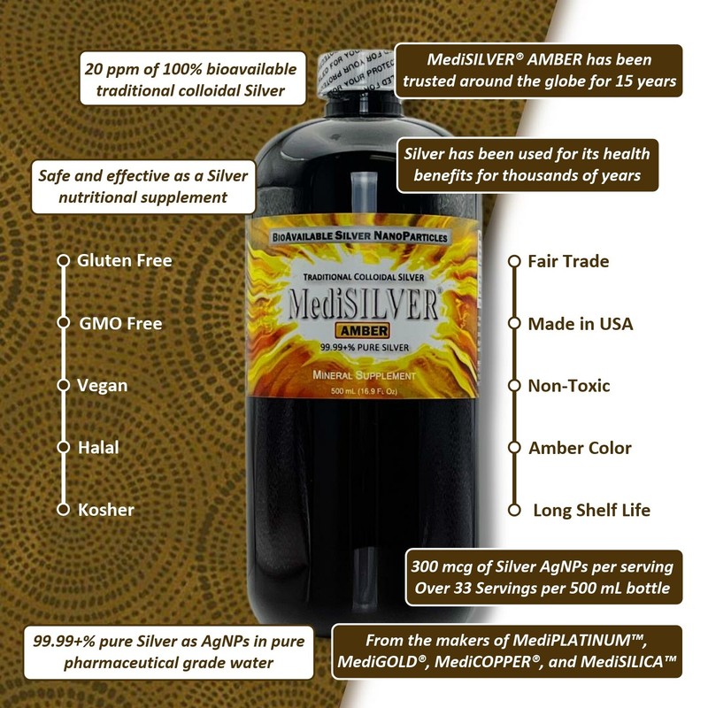 MediSILVER® AMBER Immunity Booster Traditional Colloidal Silver AgNP: 250 mL gallery