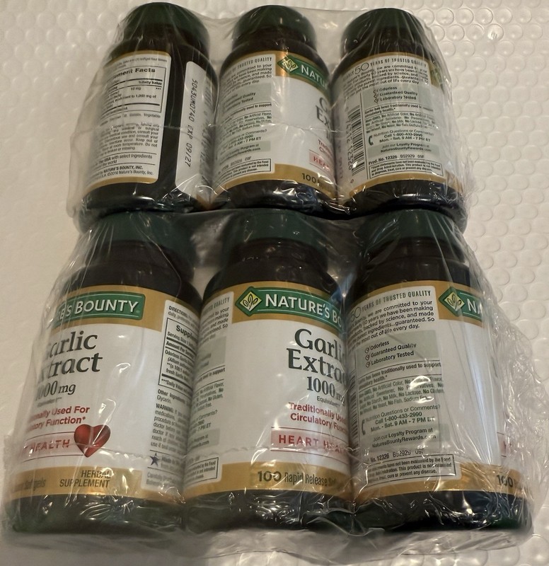 LOT (6) NATURE’S BOUNTY ODORLESS GARLIC EXTRACT 1000MG 100 SOFTGELS EXP 09/2027