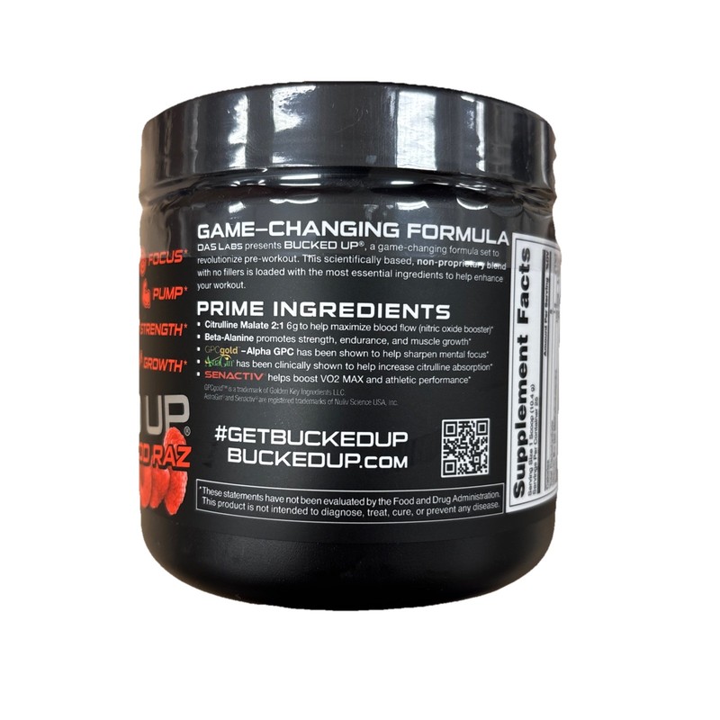 Bucked Up Pre-Workout Powder Blood Raz Focus Stim Pump 25 Serv 9.2oz EXP 11/2027 gallery