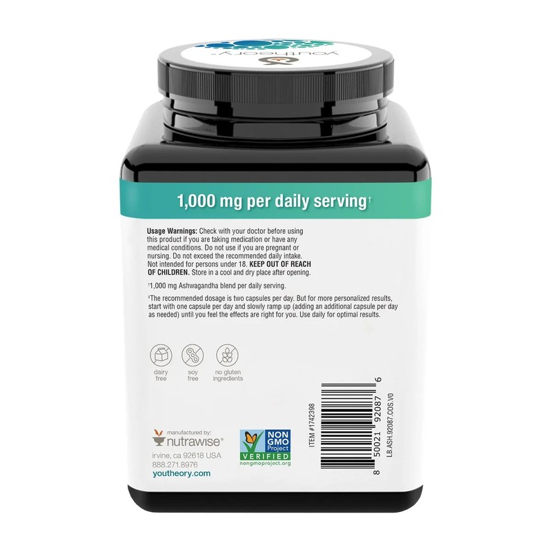 Youtheory Ashwagandha 1000 mg, 180 Vegetarian Capsules Exp: 05/27 gallery