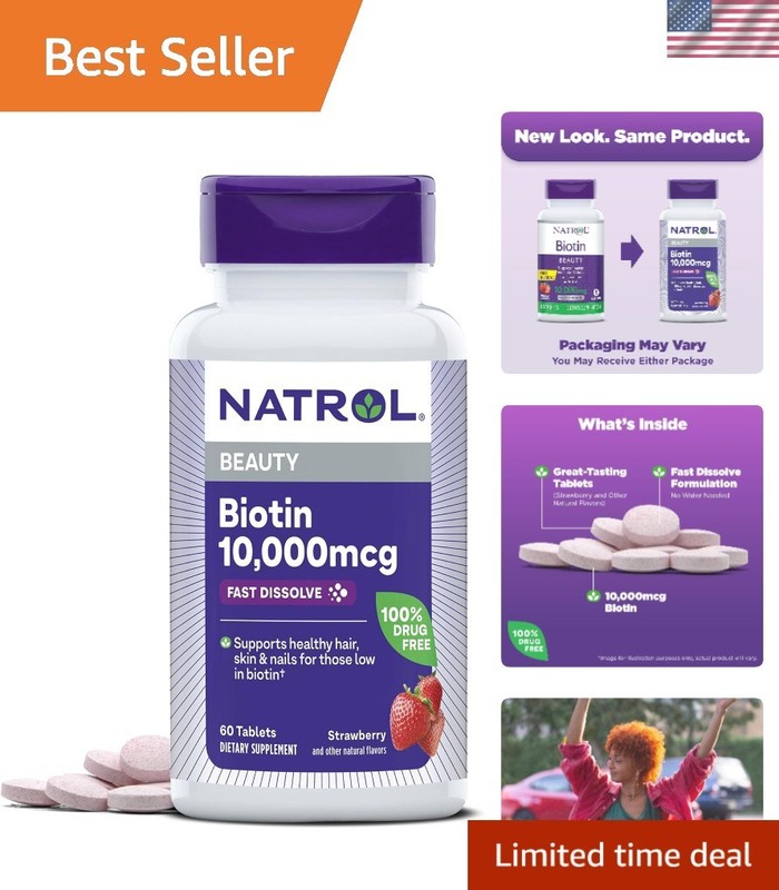 Strawberry Flavored Biotin 10000mcg Tablets - 60 Day Supply for Energy & Beauty