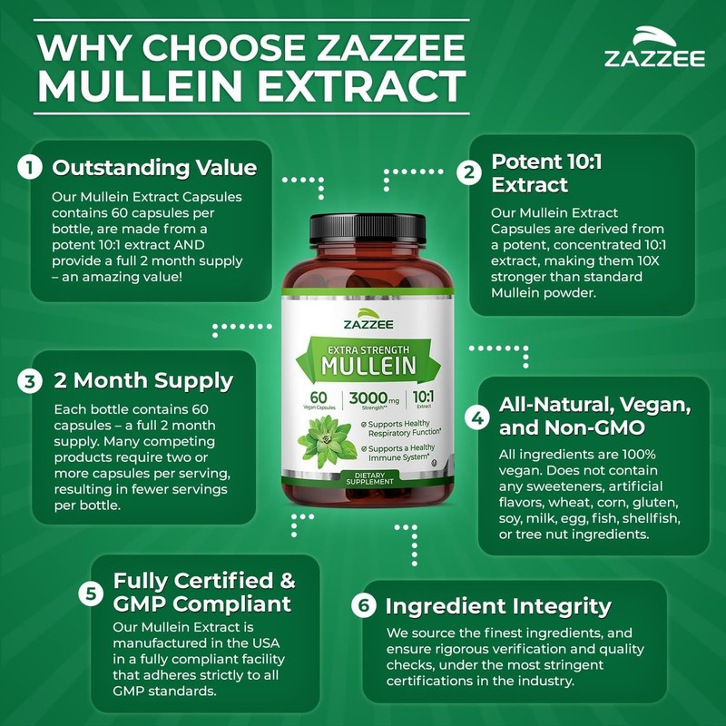 Zazzee Mullein Leaf 10:1 Extract 60 Vegan Capsules Non GMO Free Ship gallery