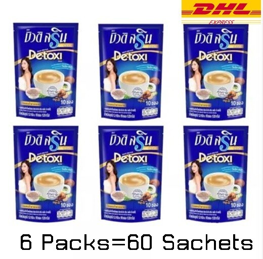 6 x Beauti Srin Plus Detoxi Instant Coffee Fiber Low Fat Low Calories 10 Sachets