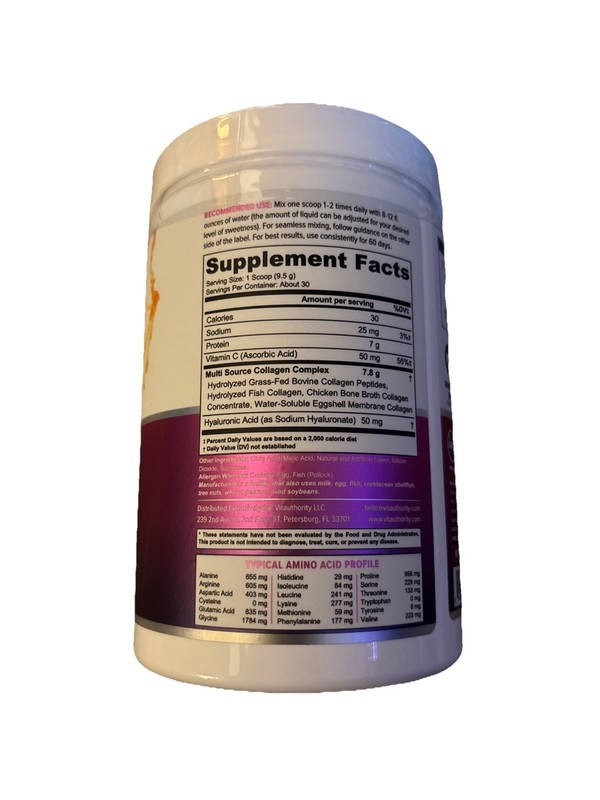 Vitauthority Multi Collagen Protein Plus Peptides Peach Mango 30 Servings 10oz gallery