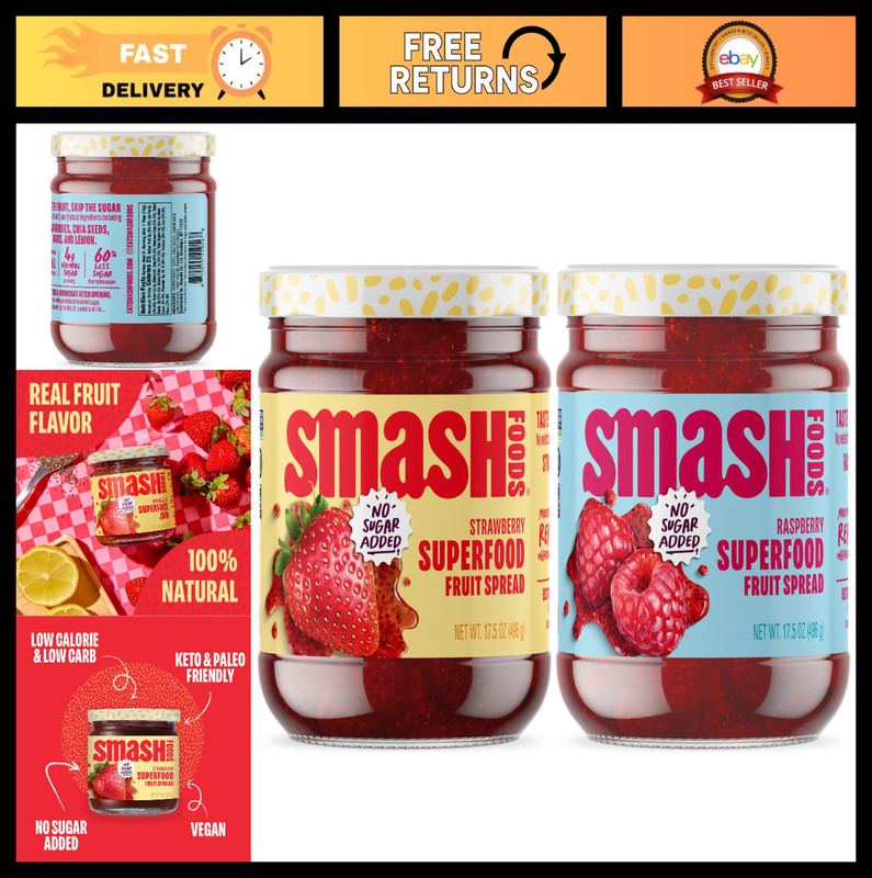 Vegan Keto Superfood Fruit Spread, No Sugar Added, Strawberry Raspberry, 2 Pack