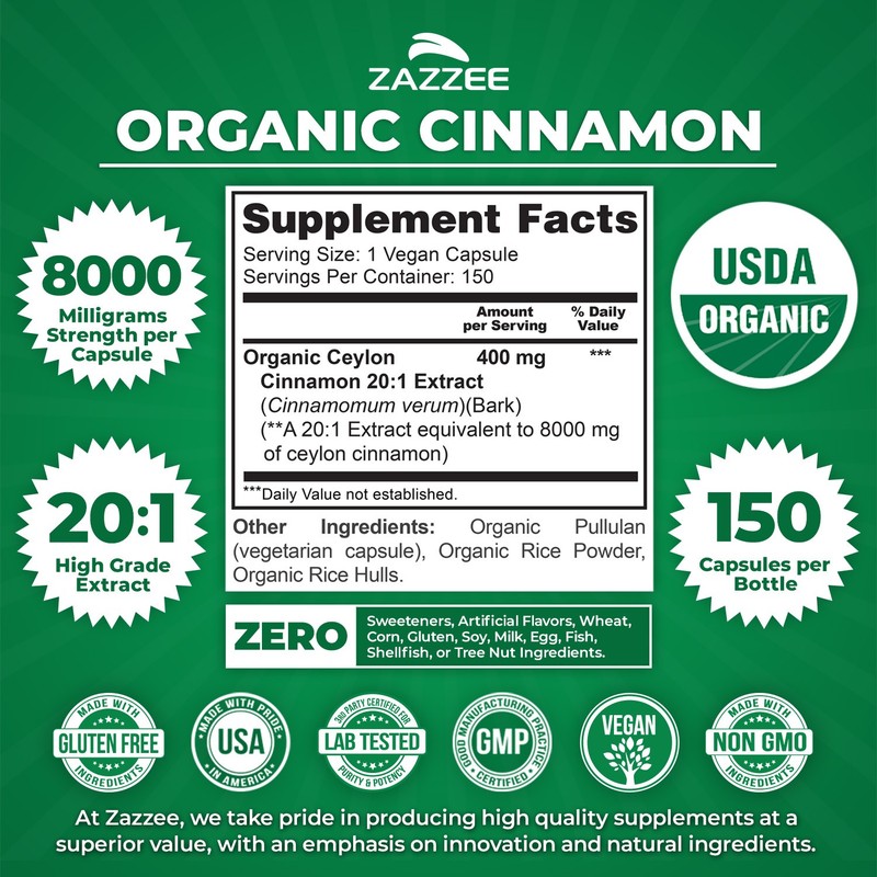 USDA Organic Ceylon Cinnamon 20:1 Extract, 150 Vegan Capsules, 5 Month Supply gallery