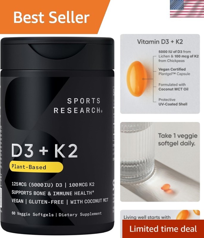 Plant-Based D3 & K2 Supplements, 5000 IU & 100 mcg, for Bone & Immune Wellness