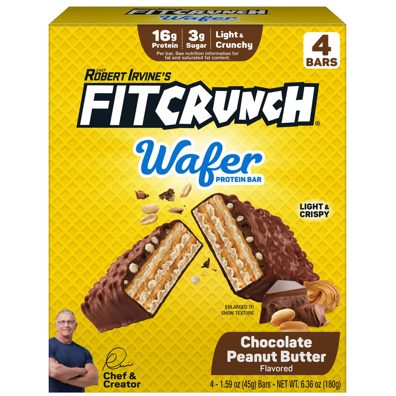 FITCRUNCH Wafer Protein Bar, Chocolate Peanut Butter, 16g, 1.59 oz, 4 Count
