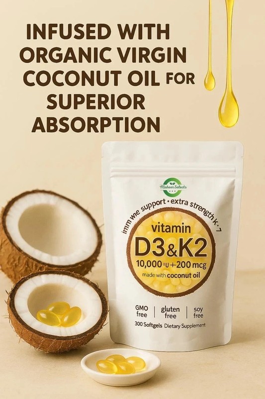 Vitamin D3 10000 iu Plus K2 (MK-7) 200 mcg, 300 Virgin Coconut Oil Softgels gallery