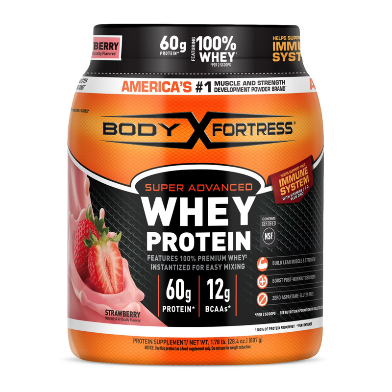 Body Fortress 100% Whey Protein Powder Strawberry 60g Protein BCAAs Immune 1.78l