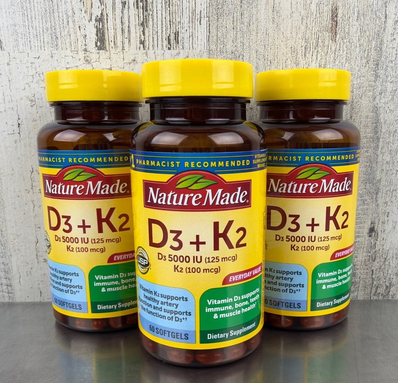 Lot Of 3 Nature Made D3 + K2 5000 IU 125mcg Vitamin D - 60 Softgels