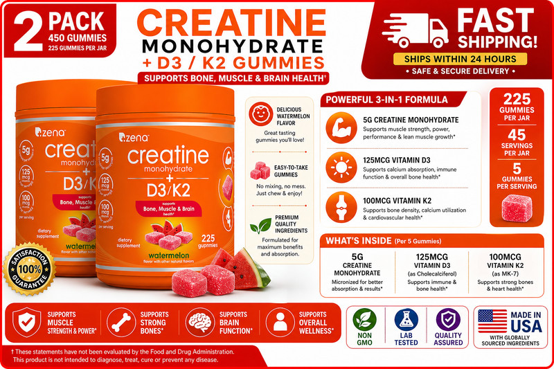 2Pack Zena Creatine Gummies with D3/K2, 225 Count, 5g Micronized Creatine