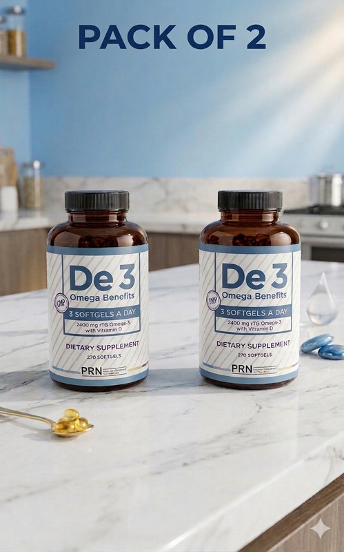 PRN De3 Omega Benefits 2400mg Omega-3 Fish Oil Vitamin D3 270Ct Pack 2 to 6