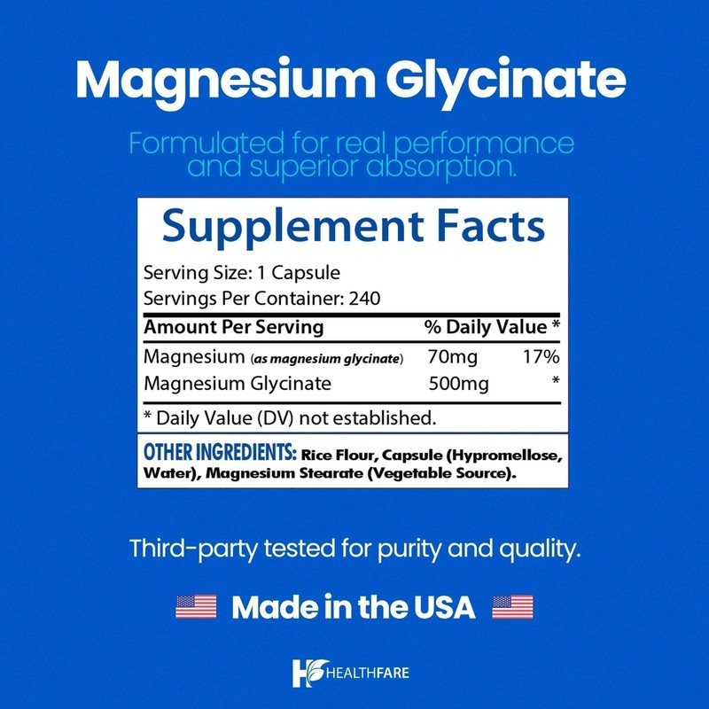 HealthFare Magnesium Glycinate 500mg | 240 Veg Capsules | High-Absorption gallery