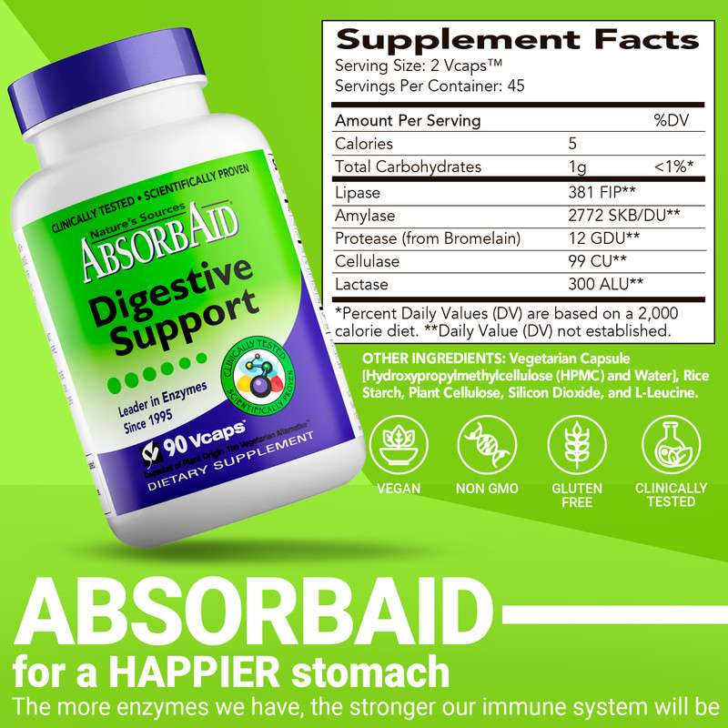 Absorbaid Natural Digestive Enzyme-relief for gas, bloating, acid reflux-90 caps gallery