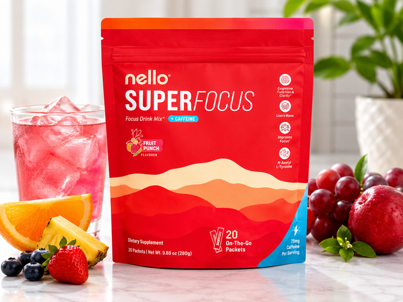 Nello SuperFocus Focus Drink Mix Fruit Punch 20 Packets + Caffeine Lion’s Mane