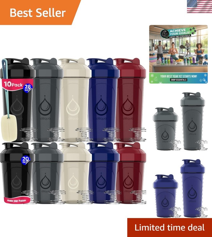 10-Pack BPA-Free Shaker Bottles: 5 Large 28 oz & 5 Small 20 oz for Smooth Drinks