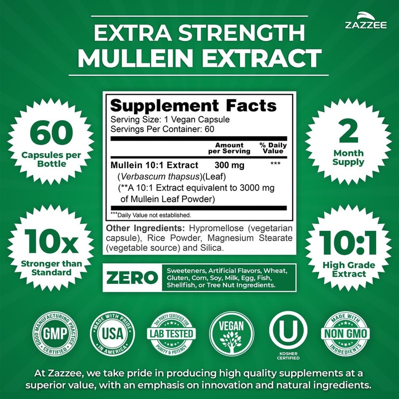 Zazzee Mullein Leaf 10:1 Extract 60 Vegan Capsules Non GMO Free Ship gallery