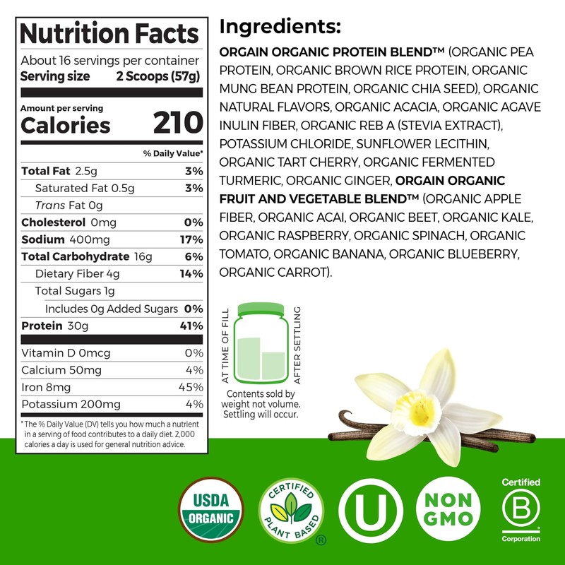 Orgain Organic 30g Vegan Plant Protein Powder, Vanilla, 9g EAAs + BCAAs 2.01lb gallery