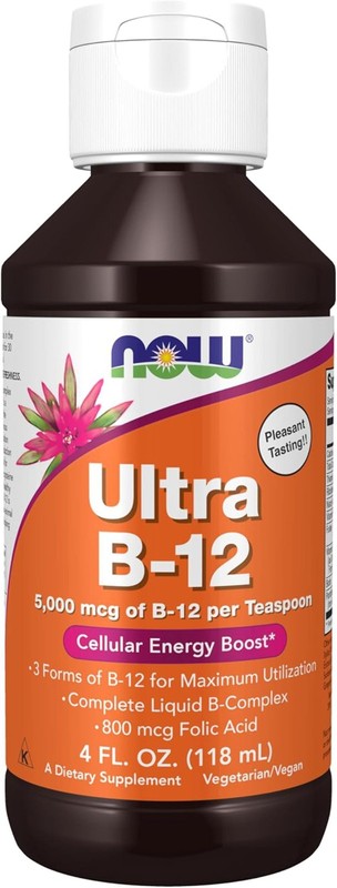 NOW, Ultra B-12, Liquid, 800 mcg Folic Acid, Cellular Energy Production*, 4-Oz