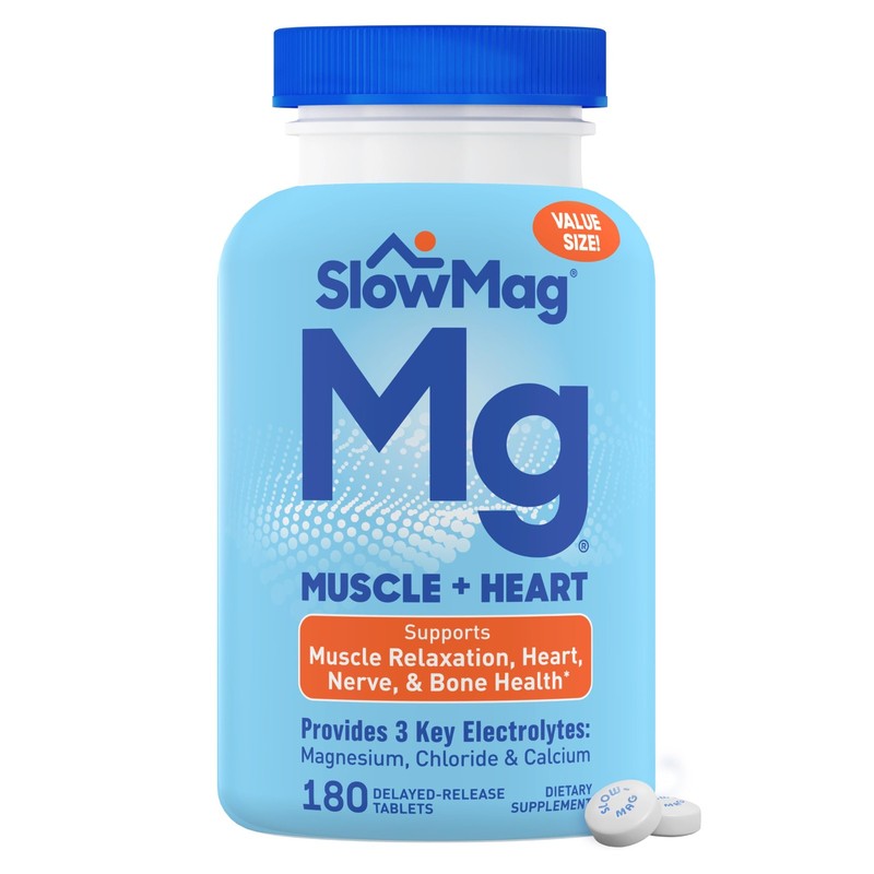 SlowMag Muscle & Heart Magnesium Chloride Supplement with Calcium, 180 Count,…