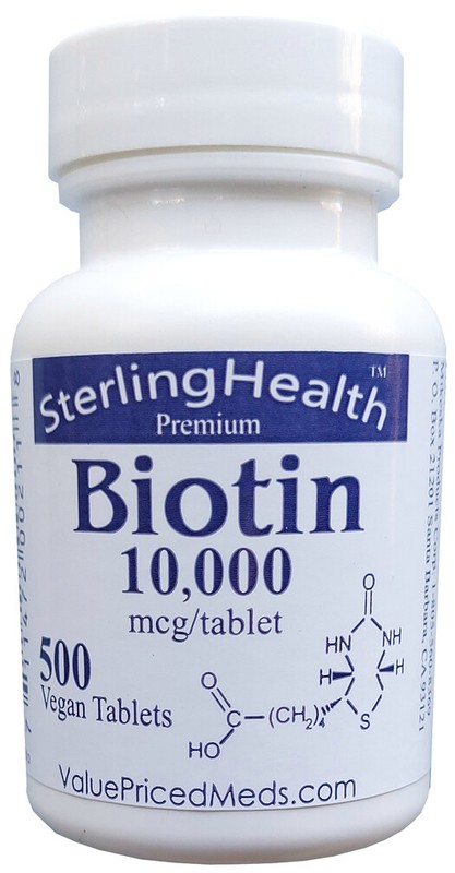 Biotin 10000 mcg, 500 tablet bottle, or 1 (one) tablet sample pack, biotin 10mg