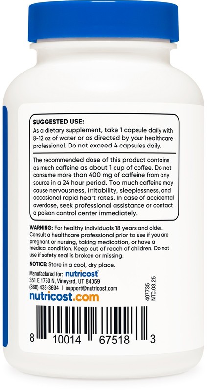 Nutricost Caffeine Pills 100mg Per Serving, 250 Capsules gallery