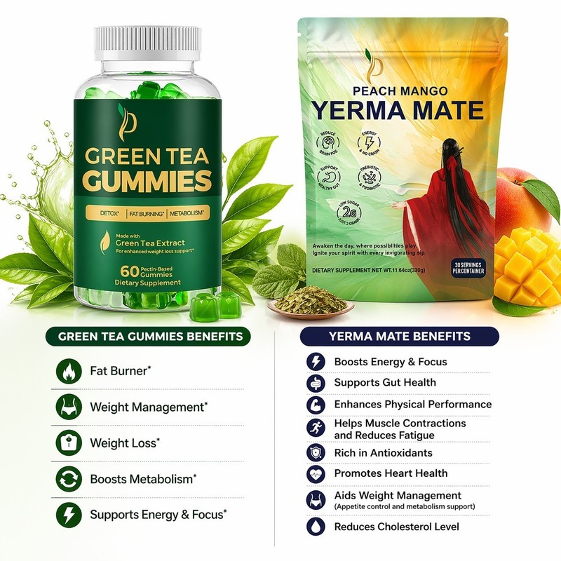 Yerba Mate Drink Mix Tea + Green Tea Gummies Combo for Weight Loss & Fat Burning gallery