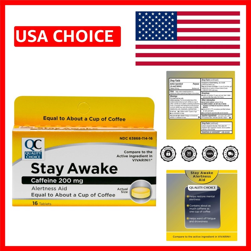 Compact 16-Count Stay Awake Caffeine Tablets – Non-Drowsy Energy Boost Anywhere