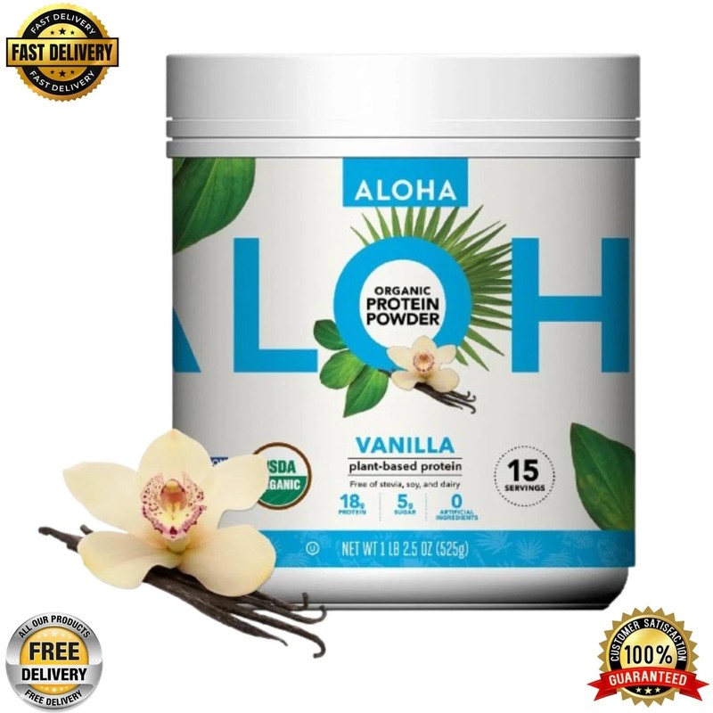ALOHA Organic Plant Based Protein Powder, Stevia Free, Vanilla, 19.6 oz, 15 Serv