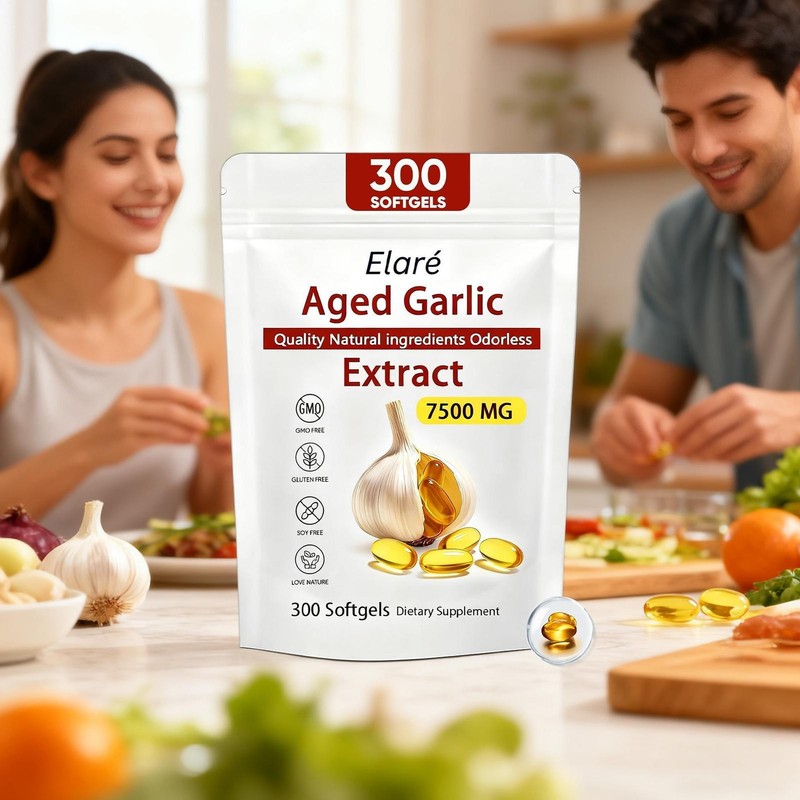 Elare Heart Garlic Extract, 300 Softgels, 7500mg Odorless Aged & Immune Pack 1-