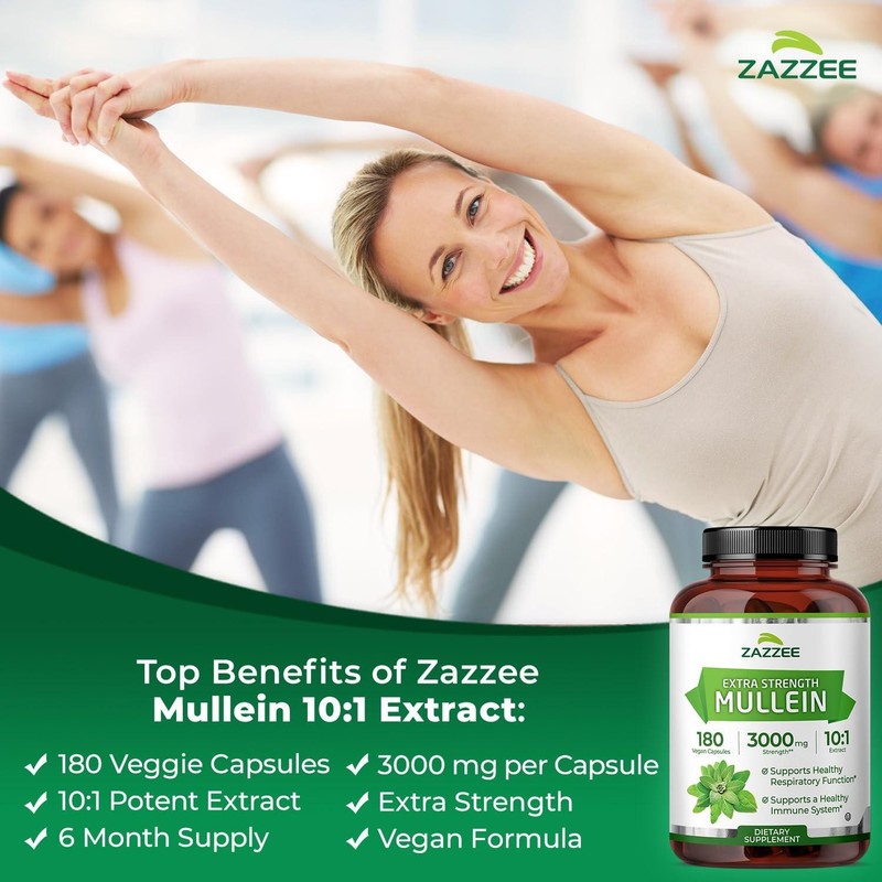 Zazzee Mullein 10:1 Extract, 3000 mg Strength, 180 Vegan Capsules, Kosher gallery