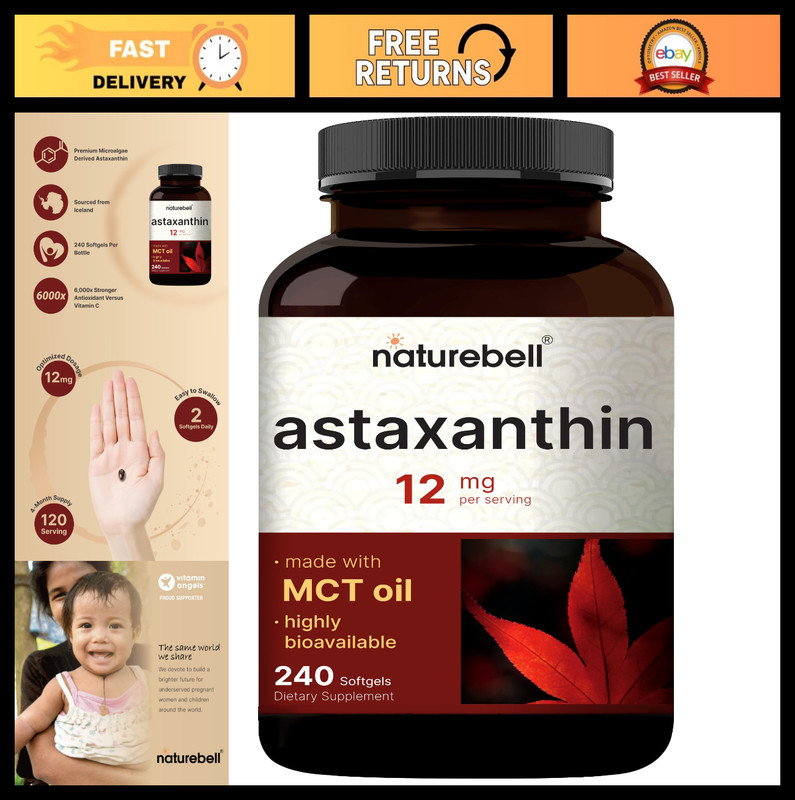 Maximum Strength Astaxanthin 12mg – 240 Softgels, Natural Antioxidant, Non-GMO,