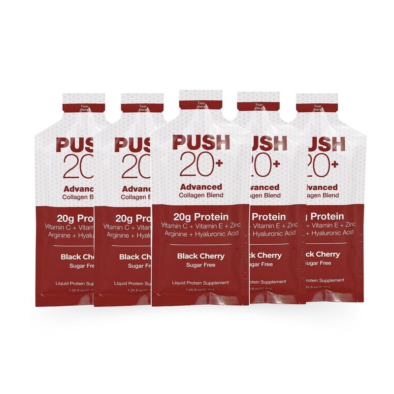PUSH20+ Liquid Collagen Protein Shot – 20g Pack of Five – Black Cherry Flavor