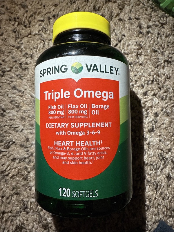 Spring Valley Triple Omega Softgels 120 Count – Fish Oil + Flax + Borage – Heart