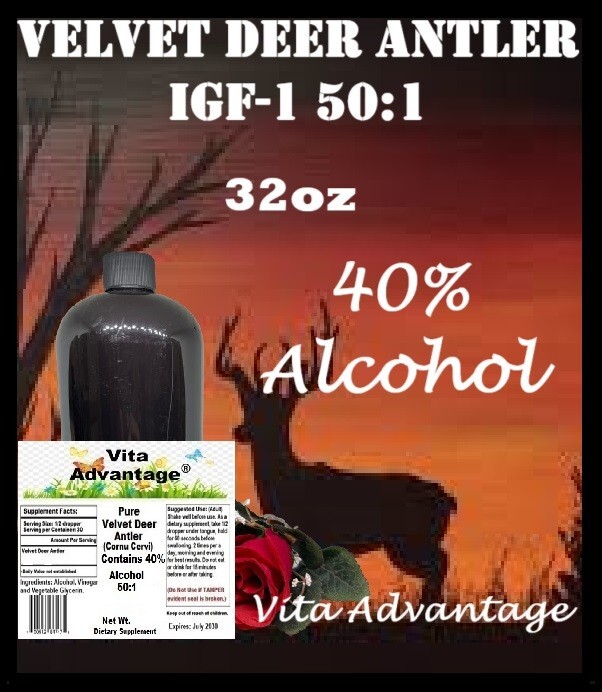 VELVET DEER ANTLER 50:1 IGF-1 LIQUID TINCTURE MAXIMUM STRENGTH 32oz