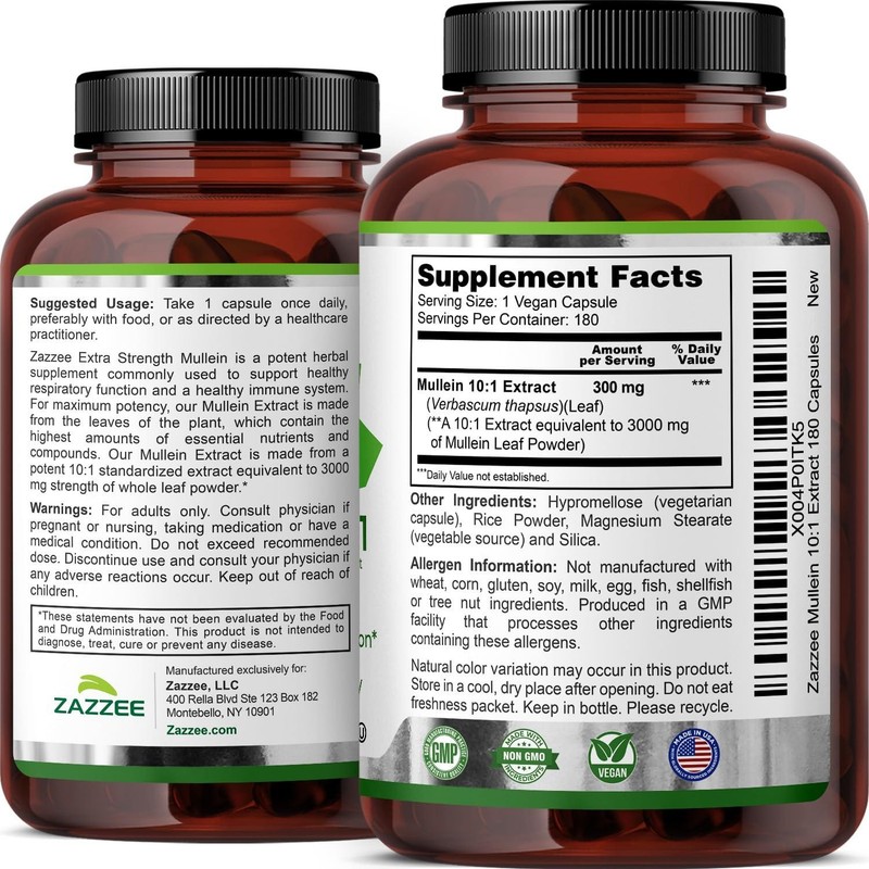 Zazzee Mullein 10:1 Extract, 3000 mg Strength, 180 Vegan Capsules, Kosher gallery